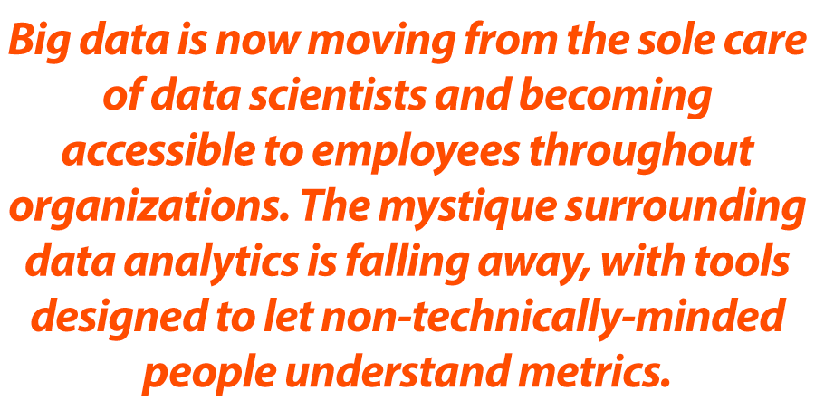 Big data is now moving from the sole care of data scientists and becoming accessible to employees throughout organizations. The mystique surrounding data analytics is falling away, with tools designed to let non-technically-minded people understand metrics.